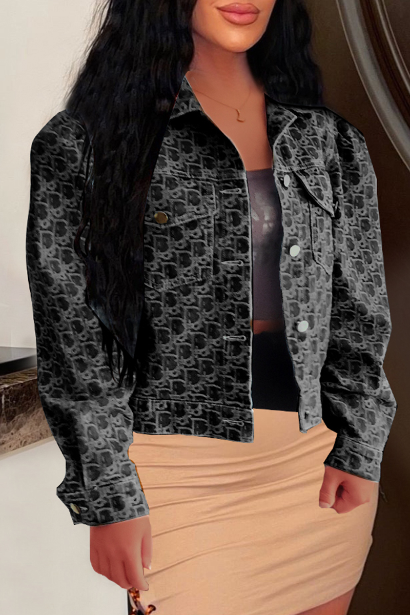 

Black Street Letter Patchwork Turndown Collar Long Sleeve Denim Jacket