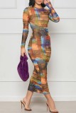 Многоцветный повседневный принт Базовые платья с круглым вырезом и длинными рукавами