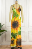 Yellow Casual Print Patchwork Spaghetti Strap Straight Dresses