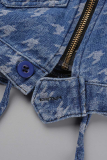 Blue Casual Plaid Patchwork Turndown Collar Long Sleeve Cropped Denim Jacket