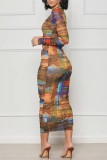 Vestidos de manga longa multicoloridos casuais estampados básicos com decote em O