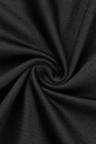 Negro sexy casual punto ahuecado transparente O cuello manga larga más tamaño dos piezas