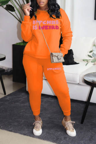 Orange Street Letter Print O Neck Long Sleeve Sweatshirt And Skinny Pants Sportwear Two Pieces Jogger Sets