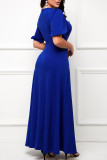 Синее повседневное однотонное длинное платье в стиле пэчворк с круглым вырезом Платья