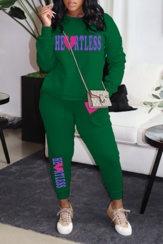 Dark Green Street Letter Print O Neck Long Sleeve Sweatshirt And Pants Sportwear Two Piece Jogger Set