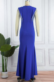 Blaues, sexy, festes Quasten-Patchwork mit V-Ausschnitt, Abendkleid, Kleider