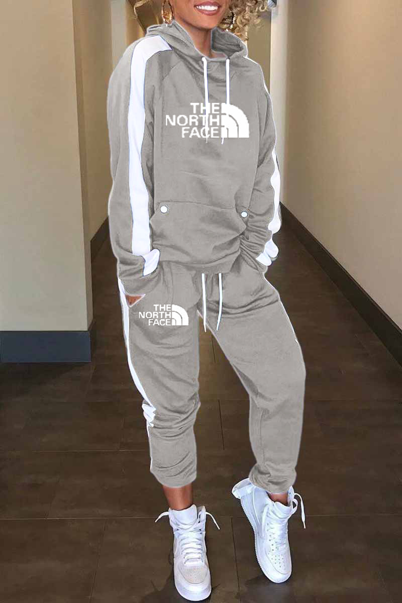 

Grey Street Print Letter Hooded Collar Long Sleeve Two Pieces