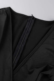 Robes droites noires à col en V et fente en patchwork solide sexy