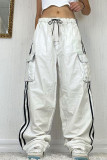 Белые повседневные уличные однотонные однотонные брюки в стиле пэчворк с карманами до середины талии и широкими штанинами