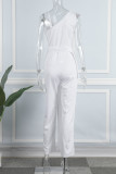 Witte casual effen patchwork V-hals bootcut jumpsuits