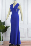 Синее сексуальное однотонное вечернее платье с кисточками в стиле пэчворк с V-образным вырезом Платья