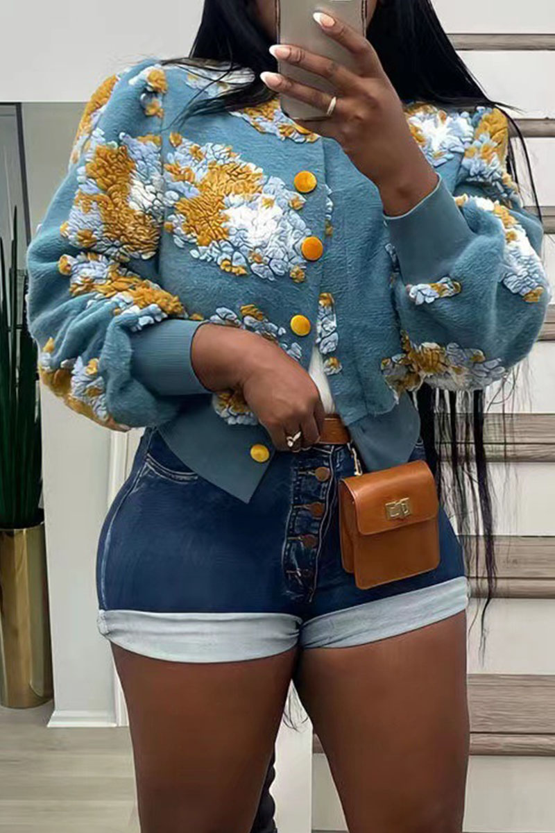 

Peacock Blue Casual Elegant Patchwork Buckle Outerwear