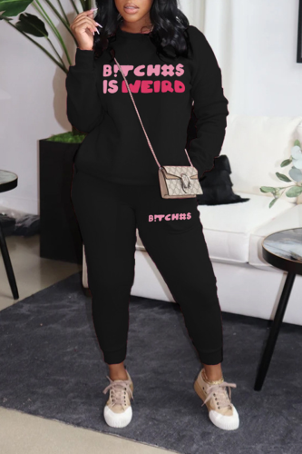 Black Street Letter Print O Neck Long Sleeve Sweatshirt And Skinny Pants Sportwear Two Pieces Jogger Sets