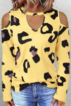 Yellow Casual Street Leopard Printing O Neck Tops