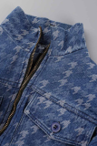 Blue Casual Plaid Patchwork Turndown Collar Long Sleeve Cropped Denim Jacket