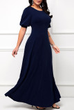 Синее повседневное однотонное длинное платье в стиле пэчворк с круглым вырезом Платья