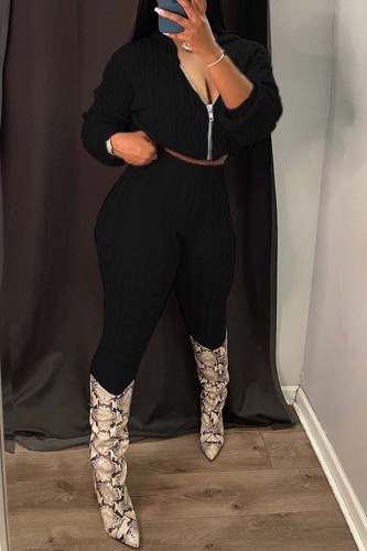 Black Casual Solid Patchwork Hooded Collar Long Sleeve Two Pieces