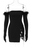 Black Sexy Solid Tassel Strapless Pencil Skirt Dresses