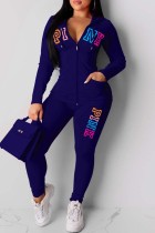 Deep Blue Casual Letter Print Patchwork Hooded Collar Long Sleeve Two Pieces