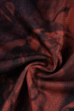 Rojo sexy estampado vendaje patchwork transparente cuello en V manga larga dos piezas