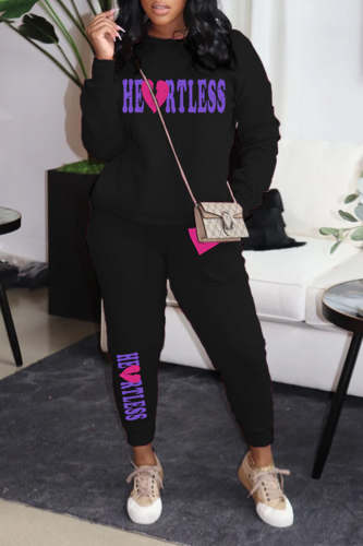 Black Street Letter Print O Neck Long Sleeve Sweatshirt And Pants Sportwear Two Piece Jogger Set