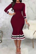 Burgundy Casual Solid Patchwork O Neck Trumpet Mermaid Dresses