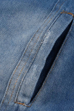 Chaqueta de mezclilla recta de manga corta con cuello vuelto rasgado sólido informal azul profundo