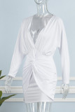 White Casual Solid Fold V Neck Waist Skirt Dresses