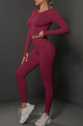 Burgundy Casual Sportswear Solid Patchwork O Neck Long Sleeve Two Pieces