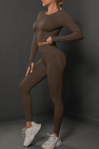 Brown Casual Sportswear Solid Patchwork O Neck Long Sleeve Two Pieces