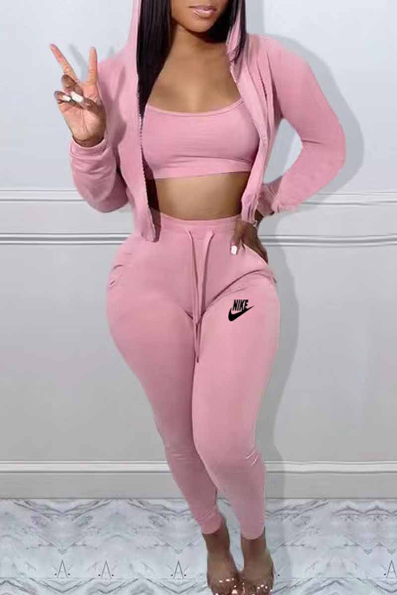 

Pink Casual Print Patchwork Hooded Collar Long Sleeve Three Pieces