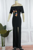 Zwarte sexy casual lange jurk met split van de schouder met print
