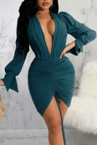 Peacock Blue Sexy Solid Patchwork Draw String Fold V Neck Pencil Jupe Robes