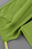 Green Sexy Print Tassel Patchwork Asymmetrical Oblique Collar Sleeveless Two Pieces