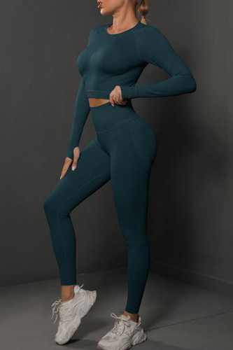 Navy Blue Casual Sportswear Solid Patchwork O Neck Long Sleeve Two Pieces
