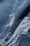 Baby Blue Casual Solid Ripped Patchwork Cardigan Turndown Collar Long Sleeve Regular Denim Jacket