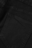 Jeans jeans preto casual rasgado patchwork cintura alta com corte de bota