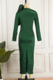 Vestidos de falda de un paso con cuello en O y volantes de retazos sólidos elegantes de color verde tinta