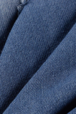 Deep Blue Casual Solid Turndown Collar Short Sleeve Straight Distressed Ripped Denim Jacket