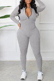 Koffie Casual Effen Patchwork Rits Kraag Skinny Jumpsuits
