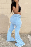 Jeans jeans azul bebê casual sólido rasgado cintura alta regular