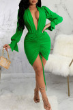 Vestidos de falda de lápiz con cuello en V y pliegues en cordón de patchwork sólido sexy verde