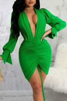 Vestidos de falda de lápiz con cuello en V y pliegues en cordón de patchwork sólido sexy verde