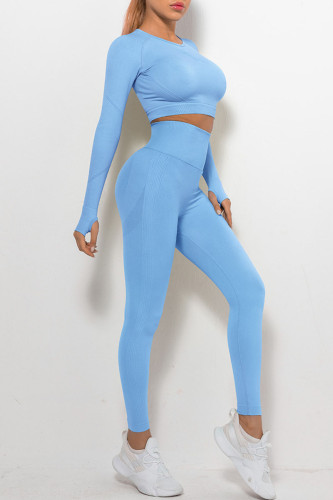 Sky Blue Casual Sportswear Solid Patchwork O Neck Long Sleeve Two Pieces
