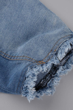 Djupblå Casual Solid Ripped Turndown-krage Kortärmad rak jeansjacka