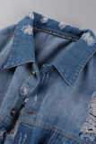 Tiefblaue, lässige, solide, zerrissene Umlegekragen-Kurzarm-Jeansjacke mit geradem Schnitt