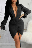Vert Sexy Solide Patchwork Draw String Fold V Neck Pencil Jupe Robes