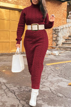 Burgundy Casual Solid Patchwork Turtleneck Straight Dresses(Without Belt)