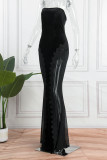 Черные сексуальные однотонные лоскутные прозрачные длинные платья без бретелек