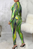 Green Sexy Print Bandage Patchwork Buckle Turndown Collar Long Sleeve Two Pieces